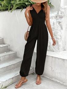 SHEIN VCAY 素色肩上打結吊帶連體褲 - 黑色 - 查看 6