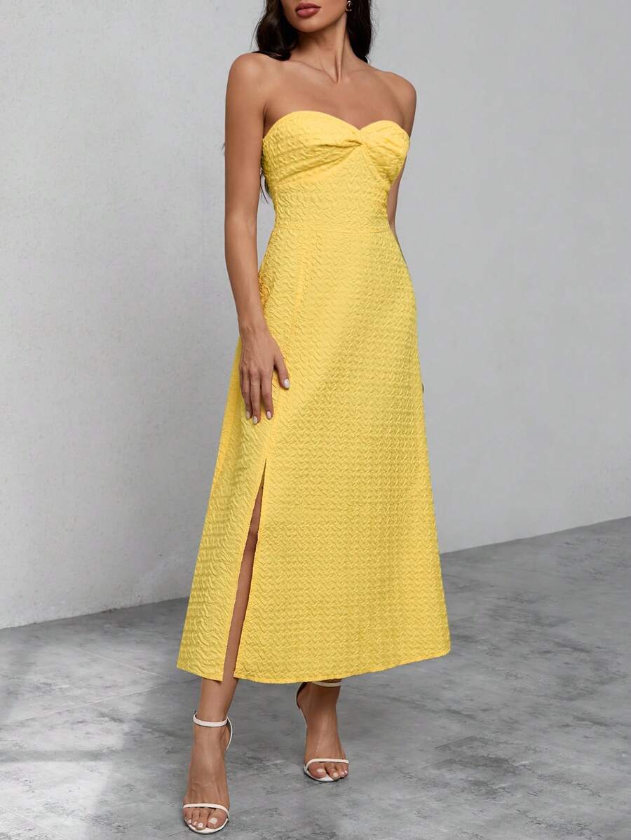 GENKIRA Twist Front Split Thigh Tube Dress - Yellow - View 1