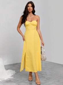 GENKIRA Twist Front Split Thigh Tube Dress - Yellow - View 3