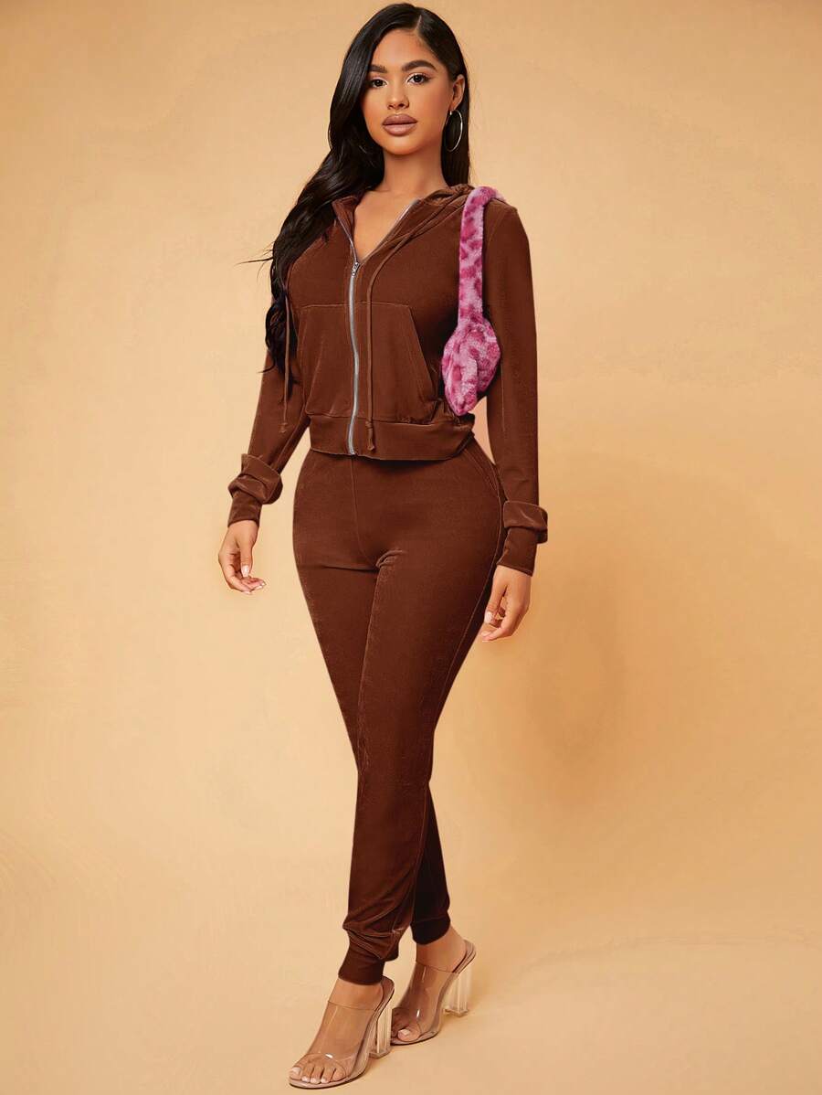 SHEIN SXY Dây kéo Dây rút Áo Hoodie & Quần - Màu nâu Sô-cô-la - Xem 1