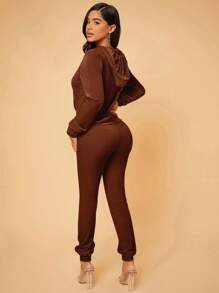 SHEIN SXY Dây kéo Dây rút Áo Hoodie & Quần - Màu nâu Sô-cô-la - Xem 2