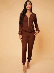 SHEIN SXY Dây kéo Dây rút Áo Hoodie & Quần - Màu nâu Sô-cô-la - Xem 3