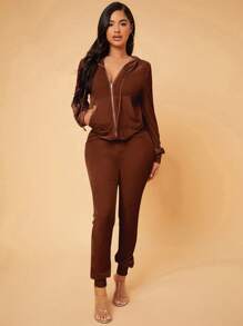 SHEIN SXY Dây kéo Dây rút Áo Hoodie & Quần - Màu nâu Sô-cô-la - Xem 4