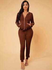 SHEIN SXY Dây kéo Dây rút Áo Hoodie & Quần - Màu nâu Sô-cô-la - Xem 5