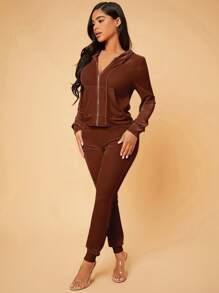 SHEIN SXY Dây kéo Dây rút Áo Hoodie & Quần - Màu nâu Sô-cô-la - Xem 6