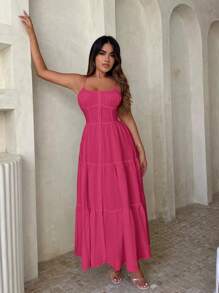 SHEIN SXY 素色荷葉邊吊帶連衣裙 - 玫紅色 - 查看 1