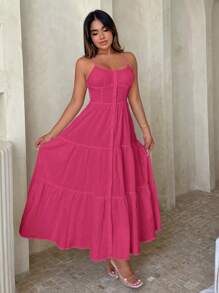 SHEIN SXY 素色荷葉邊吊帶連衣裙 - 玫紅色 - 查看 3