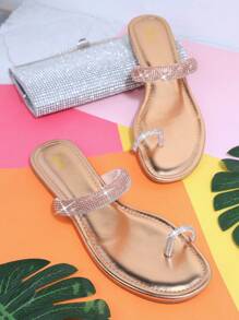 派對水鑽純色女士平底涼鞋 - 玫瑰金 - 查看 2