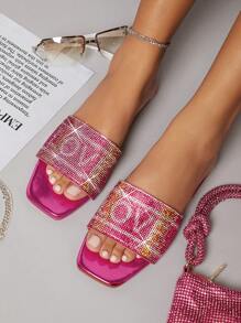 水鑽裝飾涼拖 - 玫紅色 - 查看 1