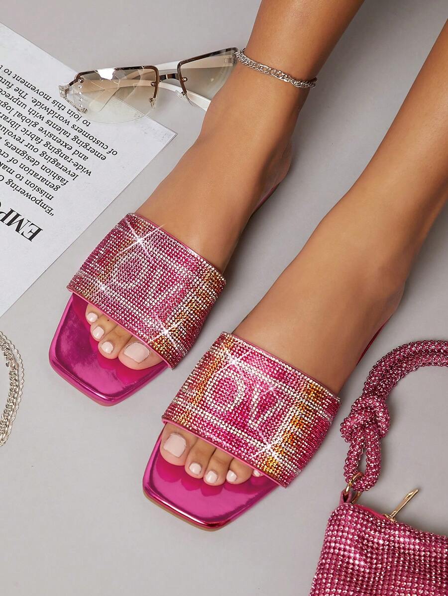 水鑽裝飾涼拖 - 玫紅色 - 查看 1