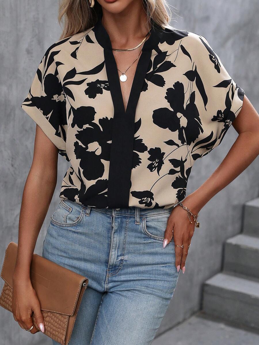 SHEIN LUNE 印花蝙蝠袖襯衫 - 卡其色 - 查看 1