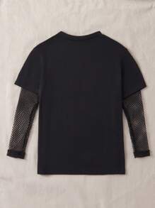 SHEIN Tween Girl 1pc Letter & Figure Graphic Contrast Fishnet Sleeve Tee - Black - View 2