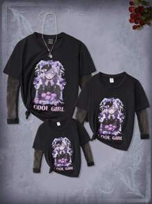 SHEIN Tween Girl 1pc Letter & Figure Graphic Contrast Fishnet Sleeve Tee - Black - View 3