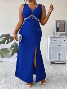 SHEIN Clasi Plus Pearls Beaded Split Thigh Dress Maxi Women Outfit - Royal Blue - View 1