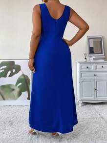 SHEIN Clasi Plus Pearls Beaded Split Thigh Dress Maxi Women Outfit - Royal Blue - View 2