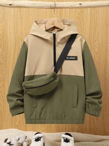 SHEIN Tween Boy 1pc Slogan Patched Detail Half Zipper Hooded Jacket With Bag