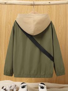 SHEIN Tween Boy 1pc Slogan Patched Detail Half Zipper Hooded Jacket With Bag