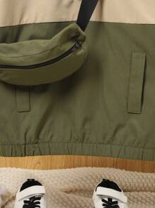 SHEIN Tween Boy 1pc Slogan Patched Detail Half Zipper Hooded Jacket With Bag