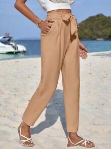 EURMUSE Tie Front Tapered Pants - Khaki - View 5