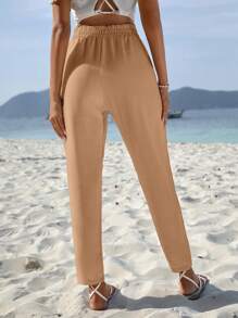 EURMUSE Tie Front Tapered Pants - Khaki - View 2