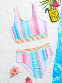 少女条纹印花比基尼套装 夏日海滩 - 彩色 - 查看 1