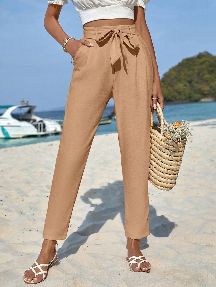 EURMUSE Tie Front Tapered Pants - Khaki - View 1