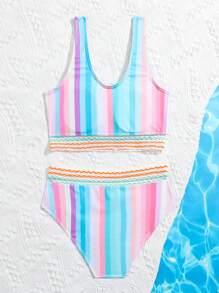 少女条纹印花比基尼套装 夏日海滩 - 彩色 - 查看 2