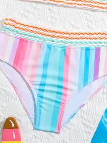 少女条纹印花比基尼套装 夏日海滩 - 彩色 - 查看 4