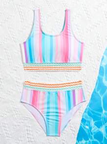 少女条纹印花比基尼套装 夏日海滩 - 彩色 - 查看 5