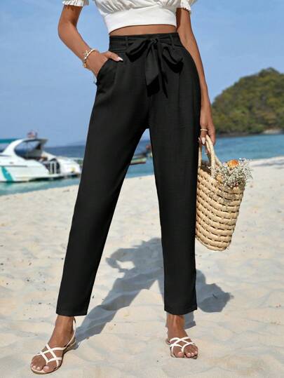 EURMUSE Solid Tie Front Tapered Trousers