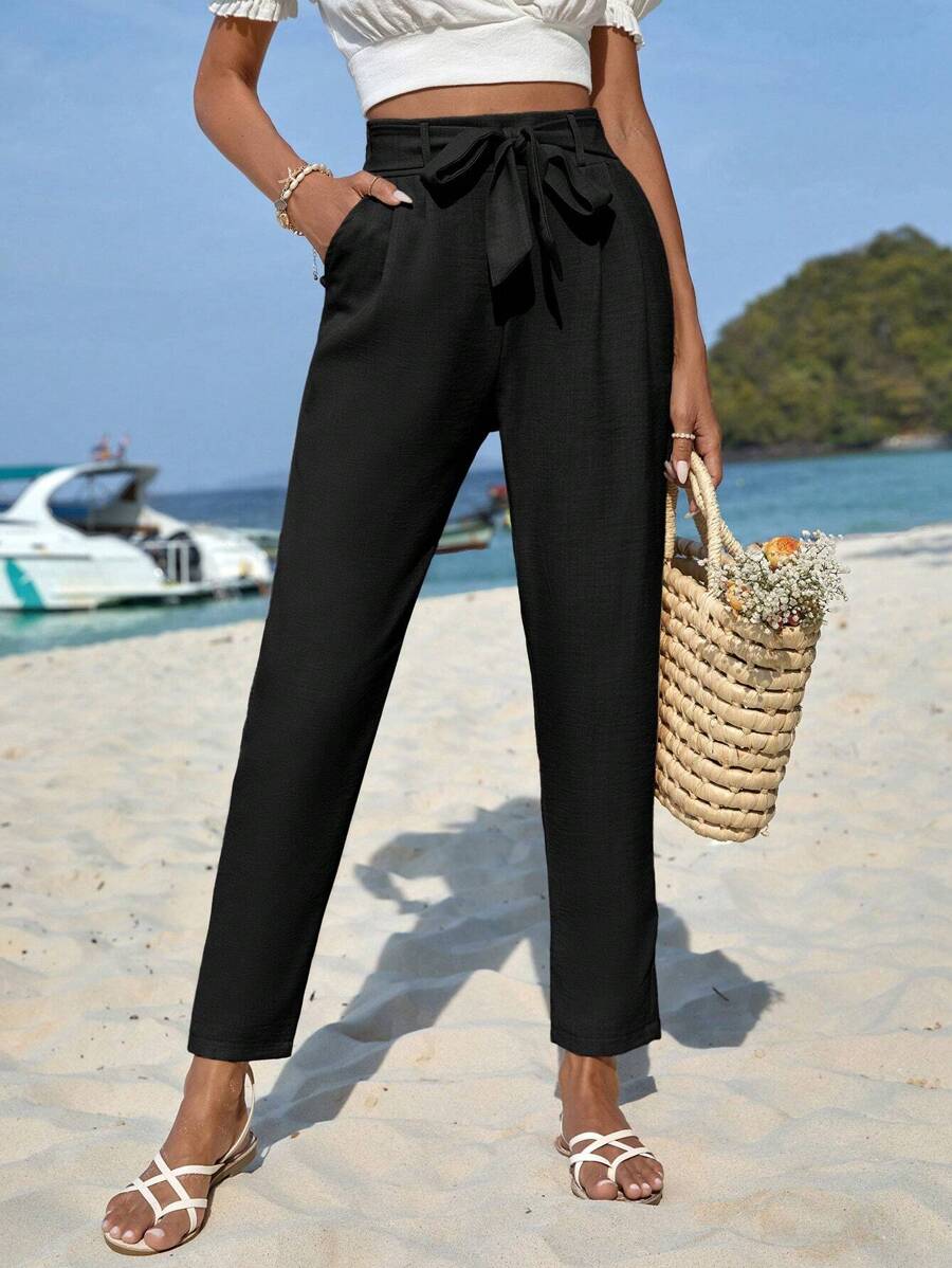 EURMUSE Solid Tie Front Tapered Pants - Black - View 1