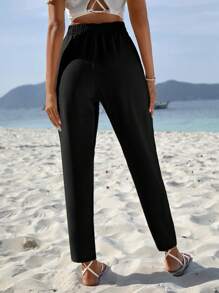 EURMUSE Solid Tie Front Tapered Pants - Black - View 2