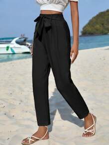 EURMUSE Solid Tie Front Tapered Pants - Black - View 3