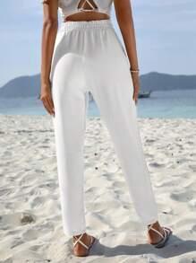 EURMUSE Solid Tie Front Tapered Pants - White - View 2