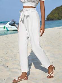 EURMUSE Solid Tie Front Tapered Pants - White - View 3
