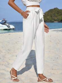 EURMUSE Solid Tie Front Tapered Pants - White - View 5