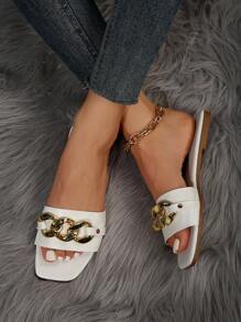 女士时尚平底凉鞋，露趾，纯色金属搭扣装饰，户外拖鞋，春夏穿搭 - 白色 - 查看 4