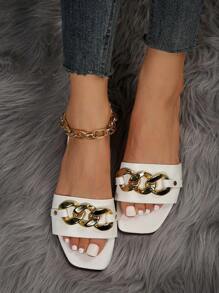 女士时尚平底凉鞋，露趾，纯色金属搭扣装饰，户外拖鞋，春夏穿搭 - 白色 - 查看 5