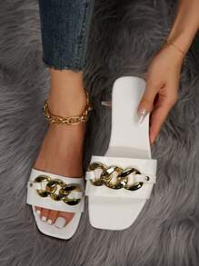 女士时尚平底凉鞋，露趾，纯色金属搭扣装饰，户外拖鞋，春夏穿搭 - 白色 - 查看 6