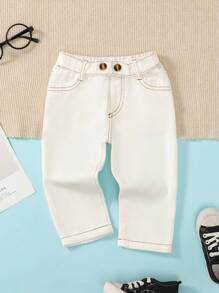 Baby Boy Button Detail Straight Leg Jeans - White - View 1