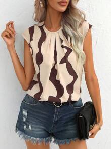 SHEIN Privé Graphic Print Plicated Detail Blouse