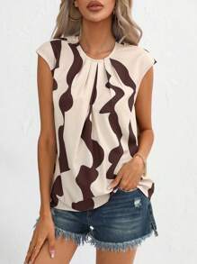 SHEIN Privé Graphic Print Plicated Detail Blouse