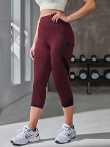 Powerista 女款网眼宽带腰运动紧身裤瑜伽裤 - 酒紅色 - 查看 5