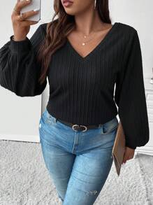 Celure Plus Solid V Neck Lantern Sleeve Tee - Black - View 1