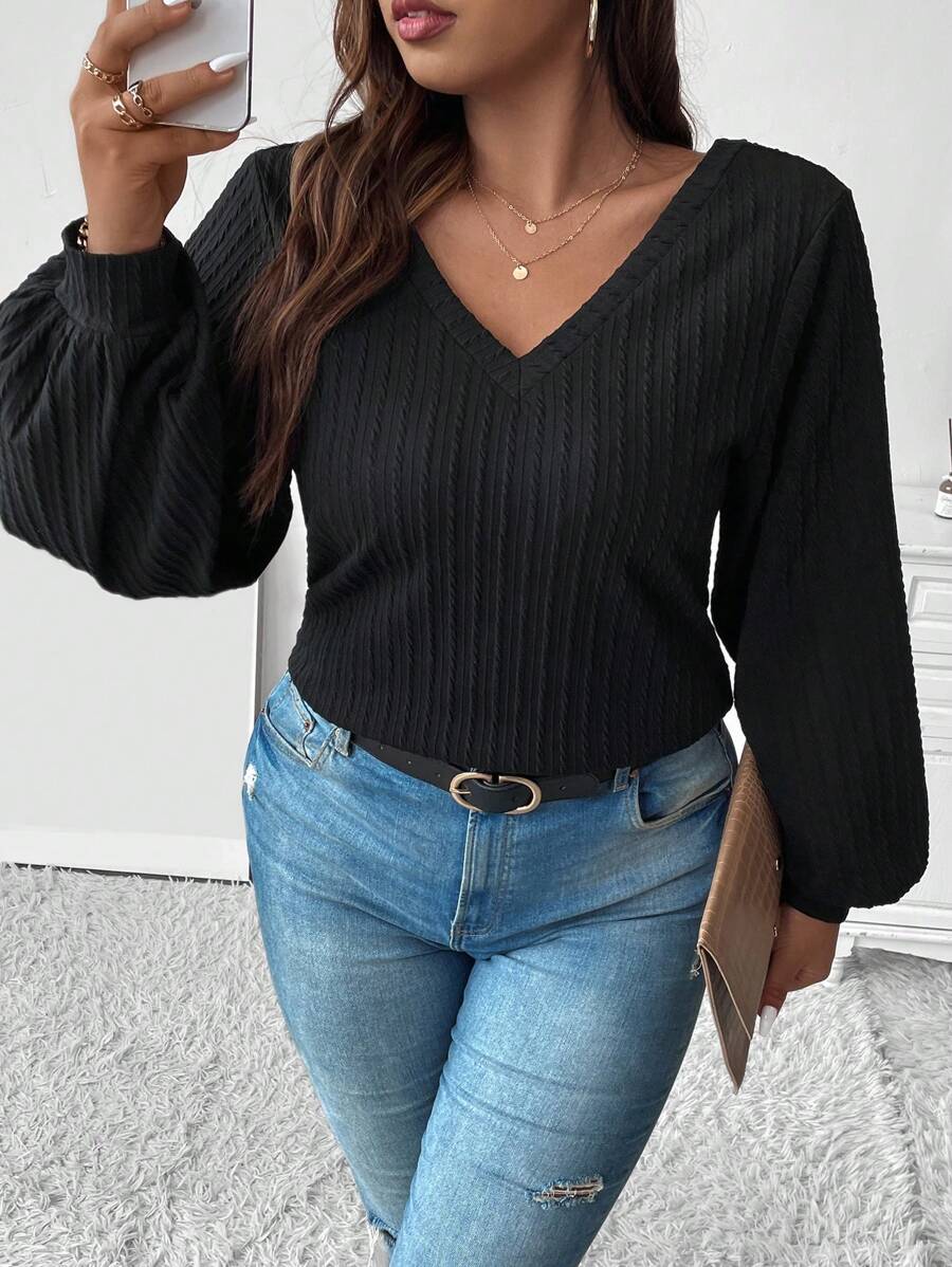 Celure Plus Solid V Neck Lantern Sleeve Tee - Black - View 1