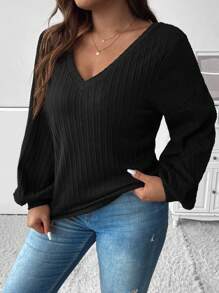 Celure Plus Solid V Neck Lantern Sleeve Tee - Black - View 5