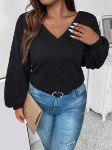 Celure Plus Solid V Neck Lantern Sleeve Tee - Black - View 6