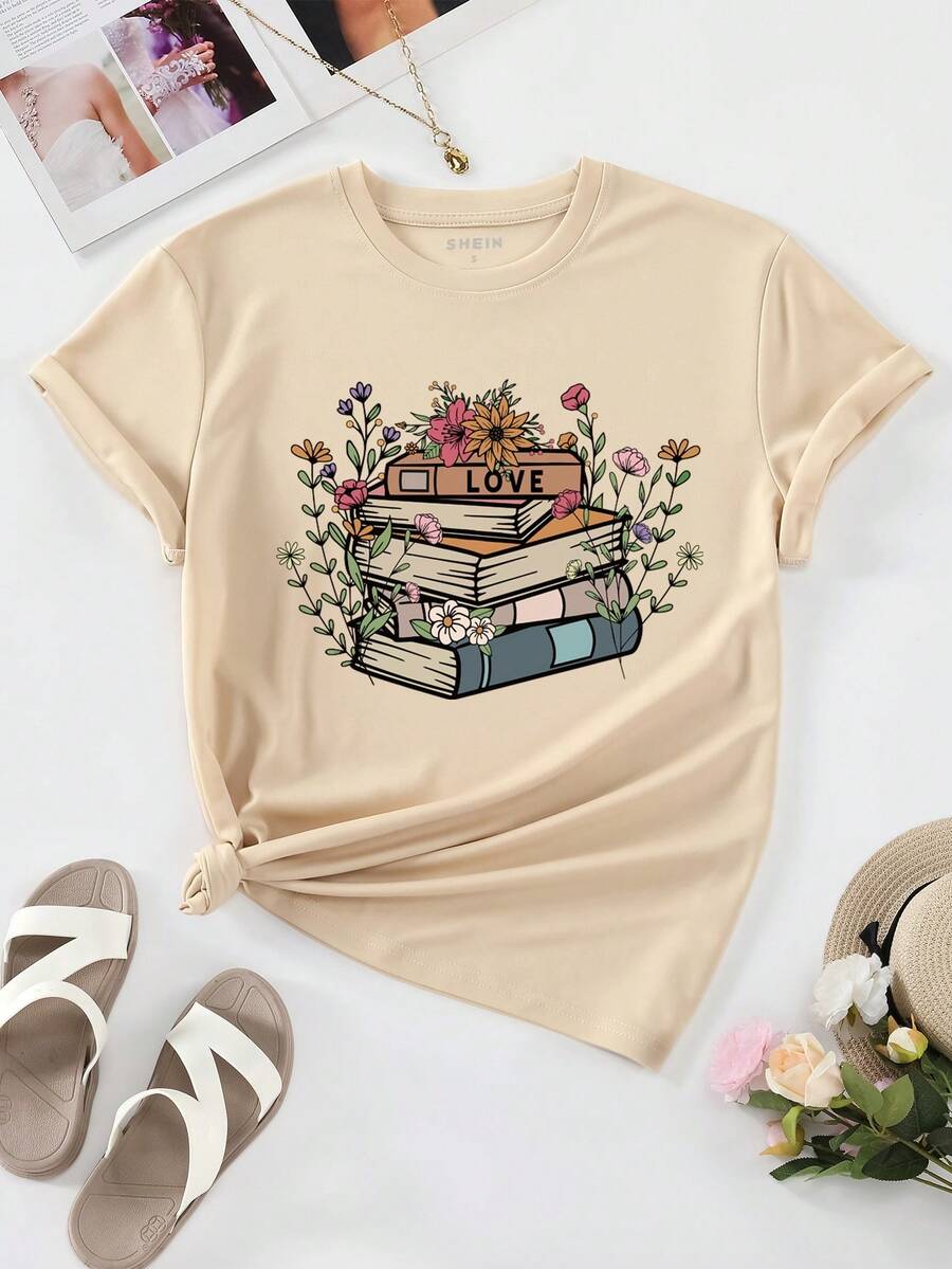 SHEIN LUNE In Sách Áo thun - Màu be - Xem 1