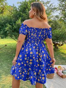 Flirla Plus Floral Print Off Shoulder Ruffle Hem Dress Vacation Beach Outfits Women - Royal Blue - View 2