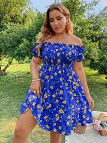 Flirla Plus Floral Print Off Shoulder Ruffle Hem Dress Vacation Beach Outfits Women - Royal Blue - View 3